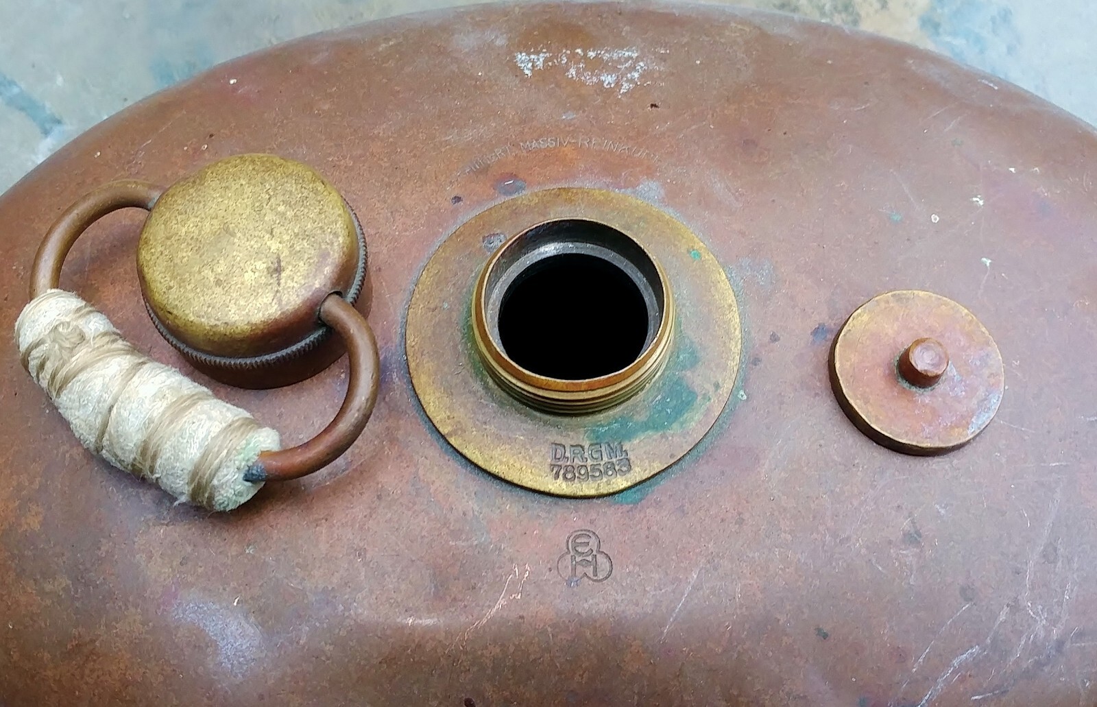 Antique D.R.G.M ( company history below) German Copper Bed Warmer with Brass Cap