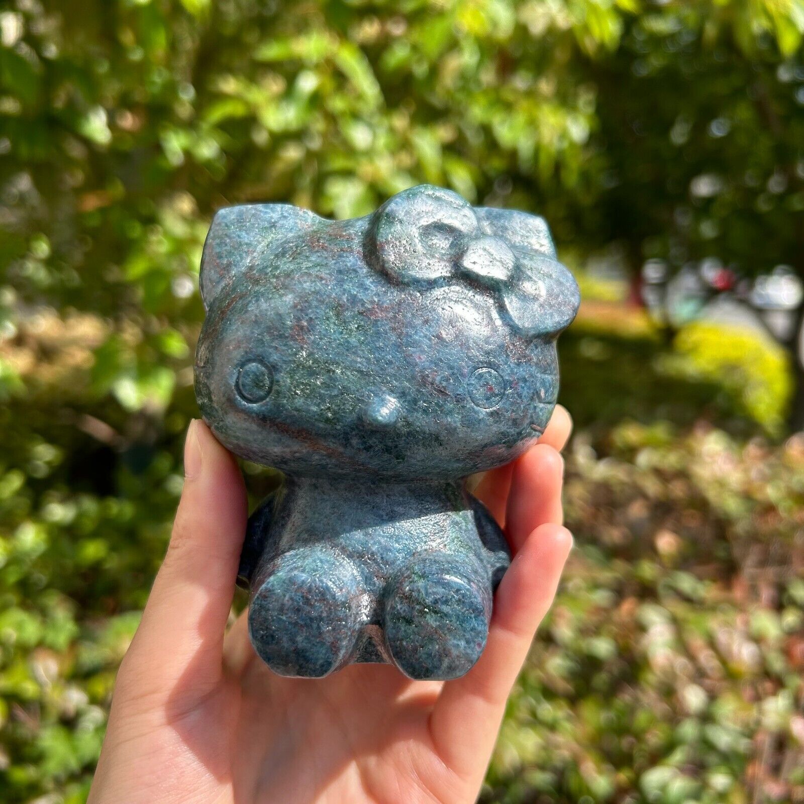 1.8LB 3.5'' Natural Ruby Fuchsite Hello Kitty Statue Quartz Crystal Carving ①
