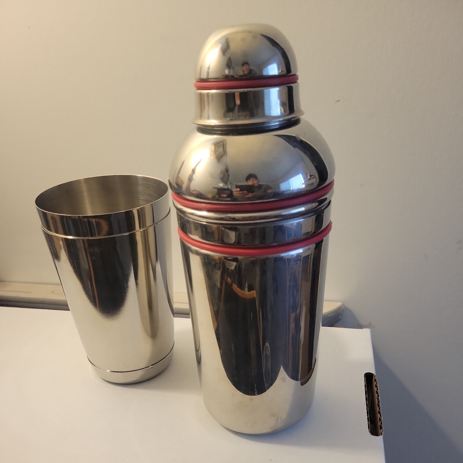 Vintage MCM Stainless Cocktail Shaker - Red Rings - Oneida Vintage MCM Stainless Cocktail Shaker - Red Rings - Oneida