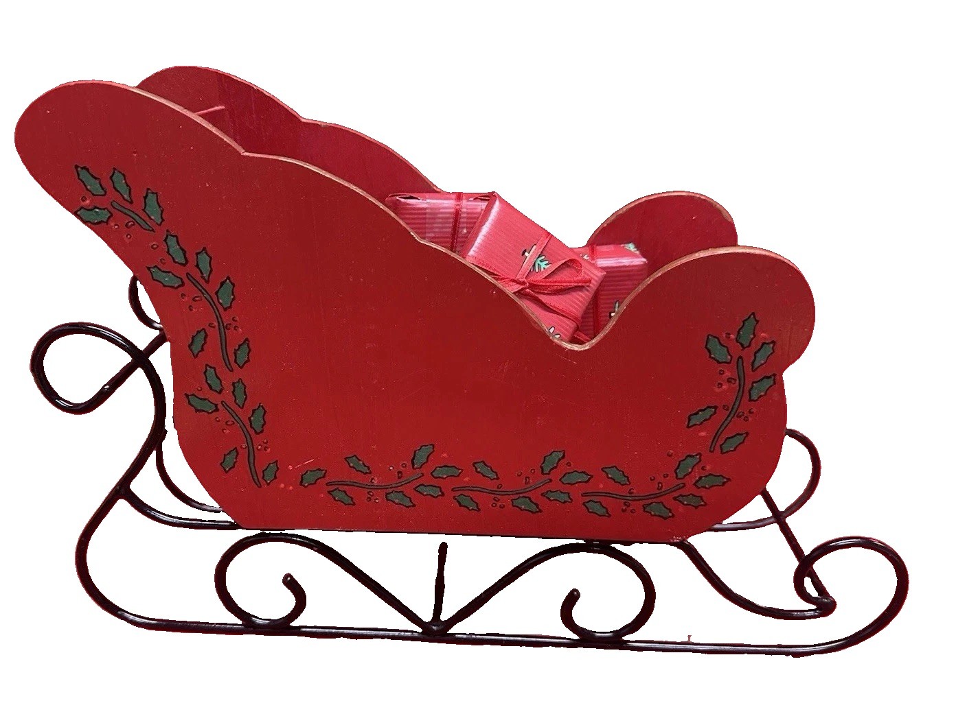 Vintage Lg Red Wooden Handmade Christmas Holiday Sleigh With Green Holly Leaves
