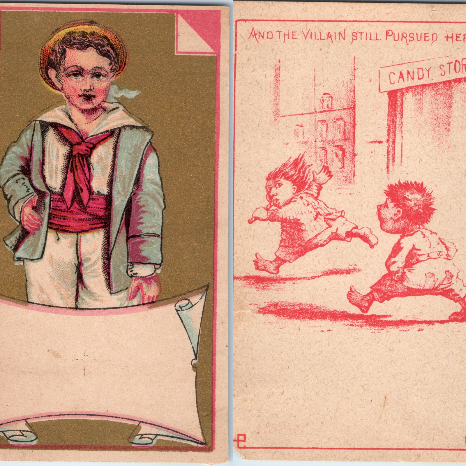 x2 LOT Vtg 1880s Victorian Trade Cards Sailor Boy Blank Banner Candy Store Comic x2 LOT Vtg 1880s Victorian Trade Cards Sailor Boy Blank Banner Candy Store Comic
