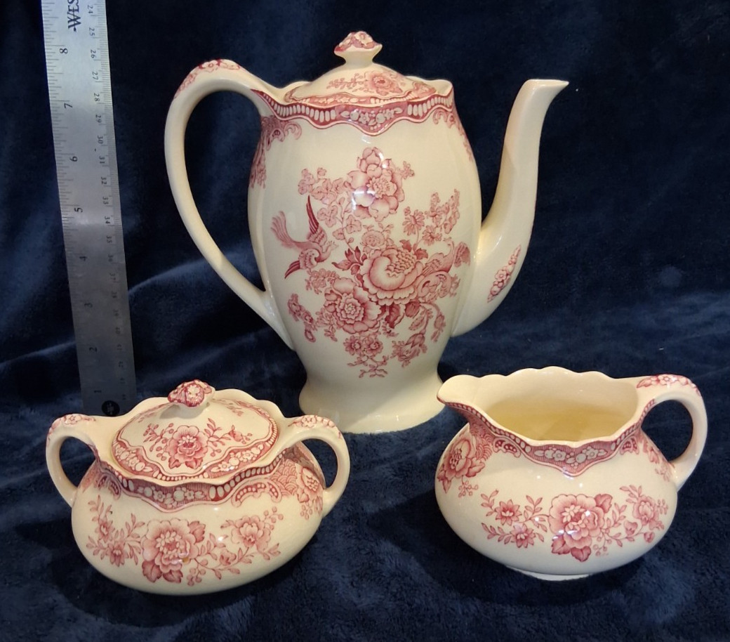 Vintage Crown Ducal BRISTOL Red Pink Transferware Coffee Pot Sugar Bowl Creamer
