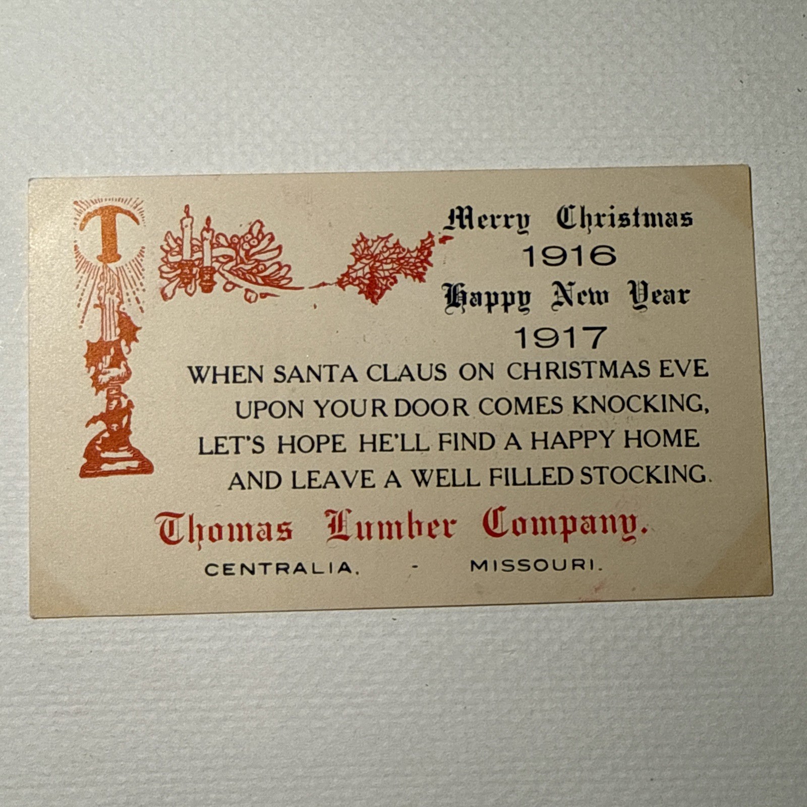Vintage Early Advertising Trade Card 1916 Thomas Lumber Centralia Missouri Xmas Vintage Early Advertising Trade Card 1916 Thomas Lumber Centralia Missouri Xmas