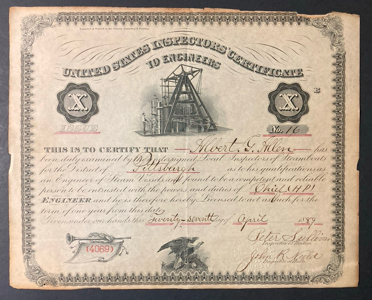 Vintage 1889 United States Inspectors\' Certificate To Engineers