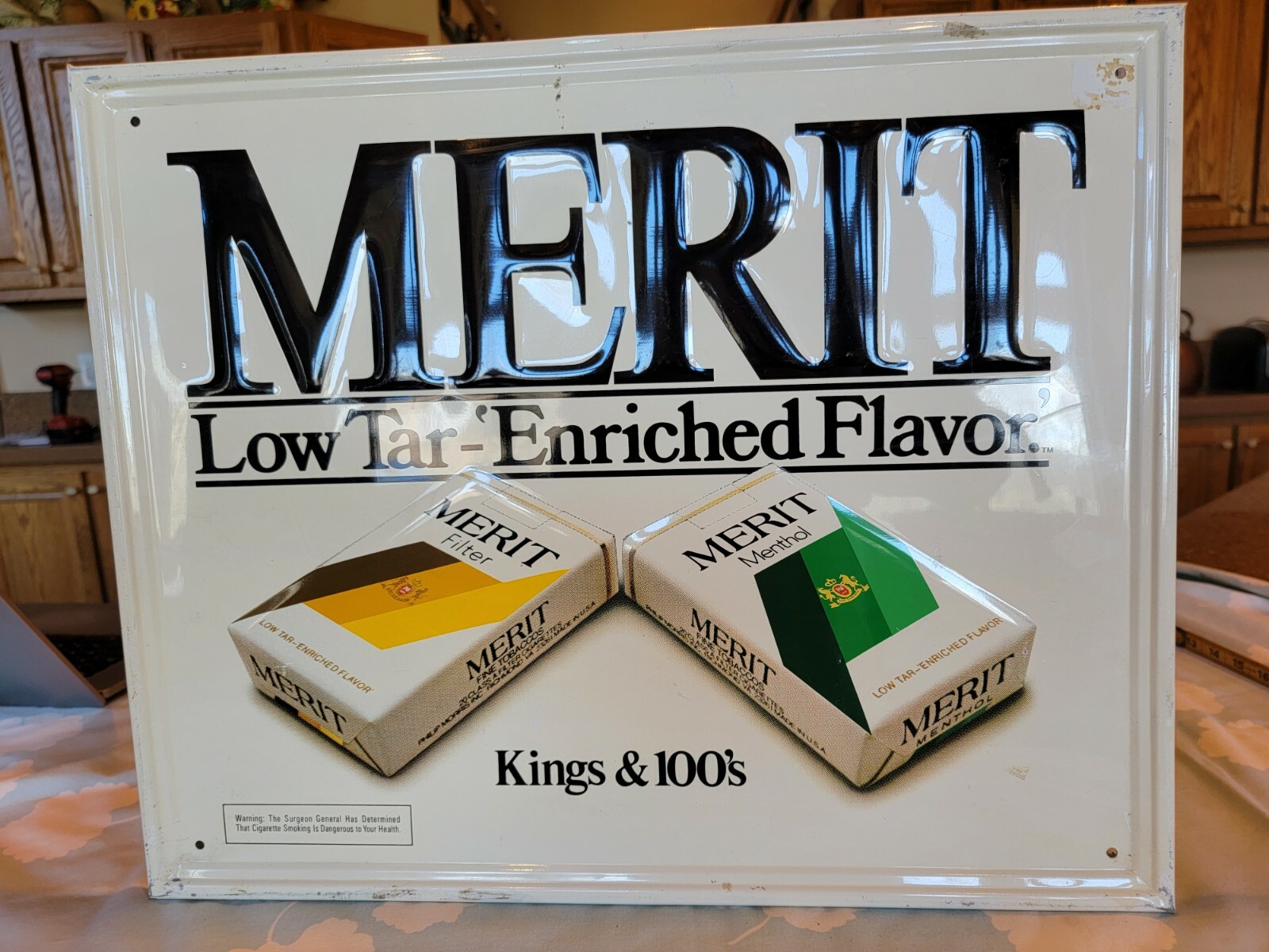 Vintage Embossed Cigarette Advertising Tin Sign - Merit Low Tar Enriched Flavor