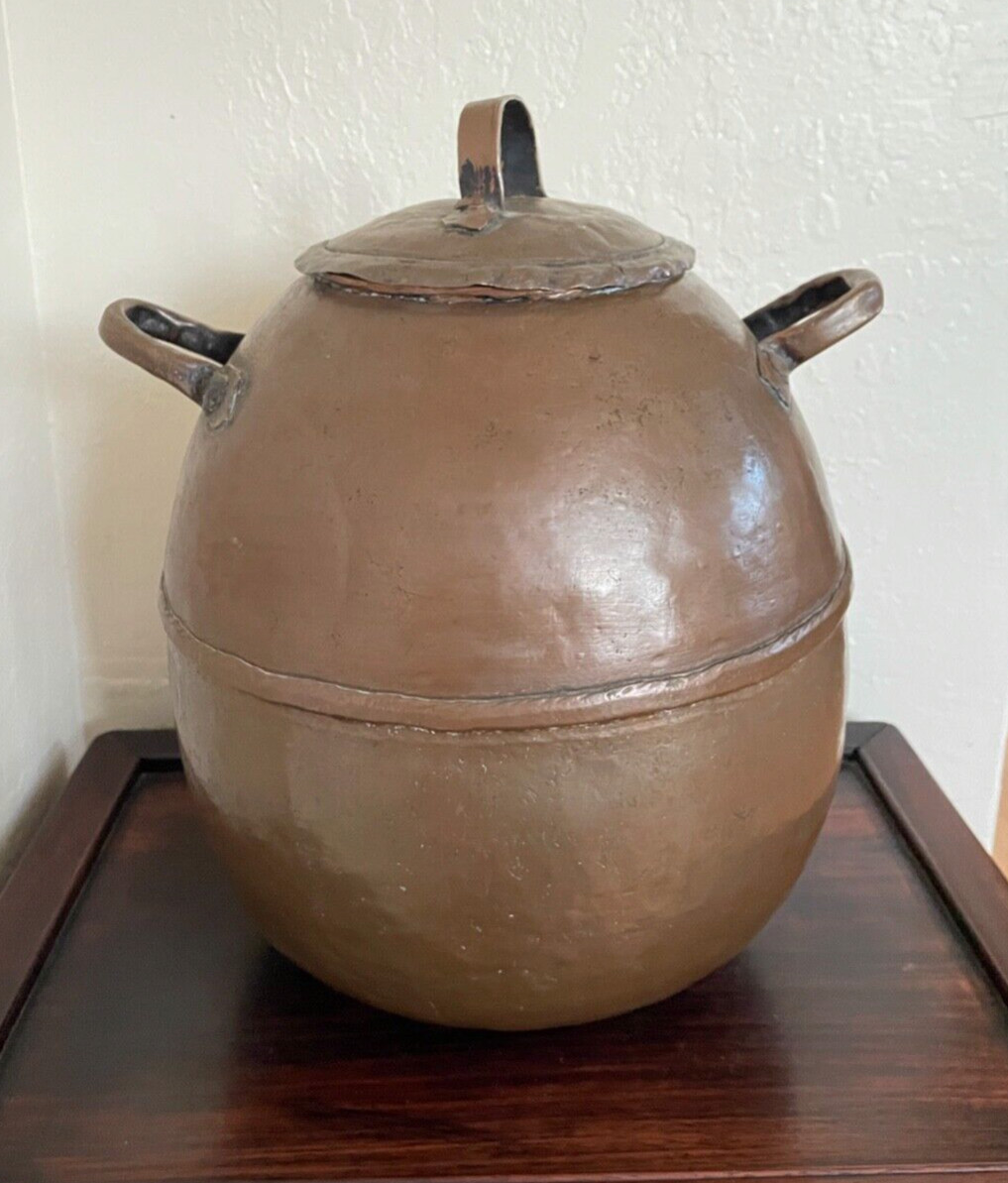 Antique Hand Hammered Copper Lidded Jar Vessel 12