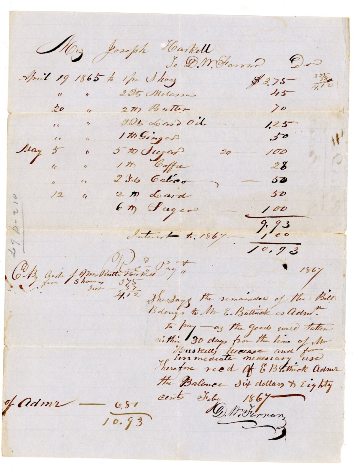 Antique Handwritten Grocery Receipt List Bill 1854 Signed DM Farrar % Haskell Antique Handwritten Grocery Receipt List Bill 1854 Signed DM Farrar % Haskell