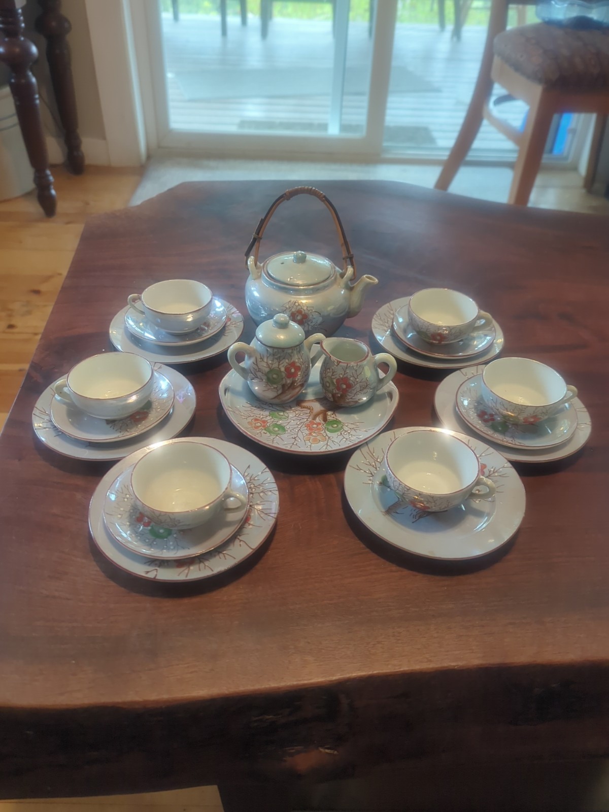 Vint Japanese Pottery Tea Set Teapot 6 Cups Saucers Plates Rattan Handle 23 Pcs