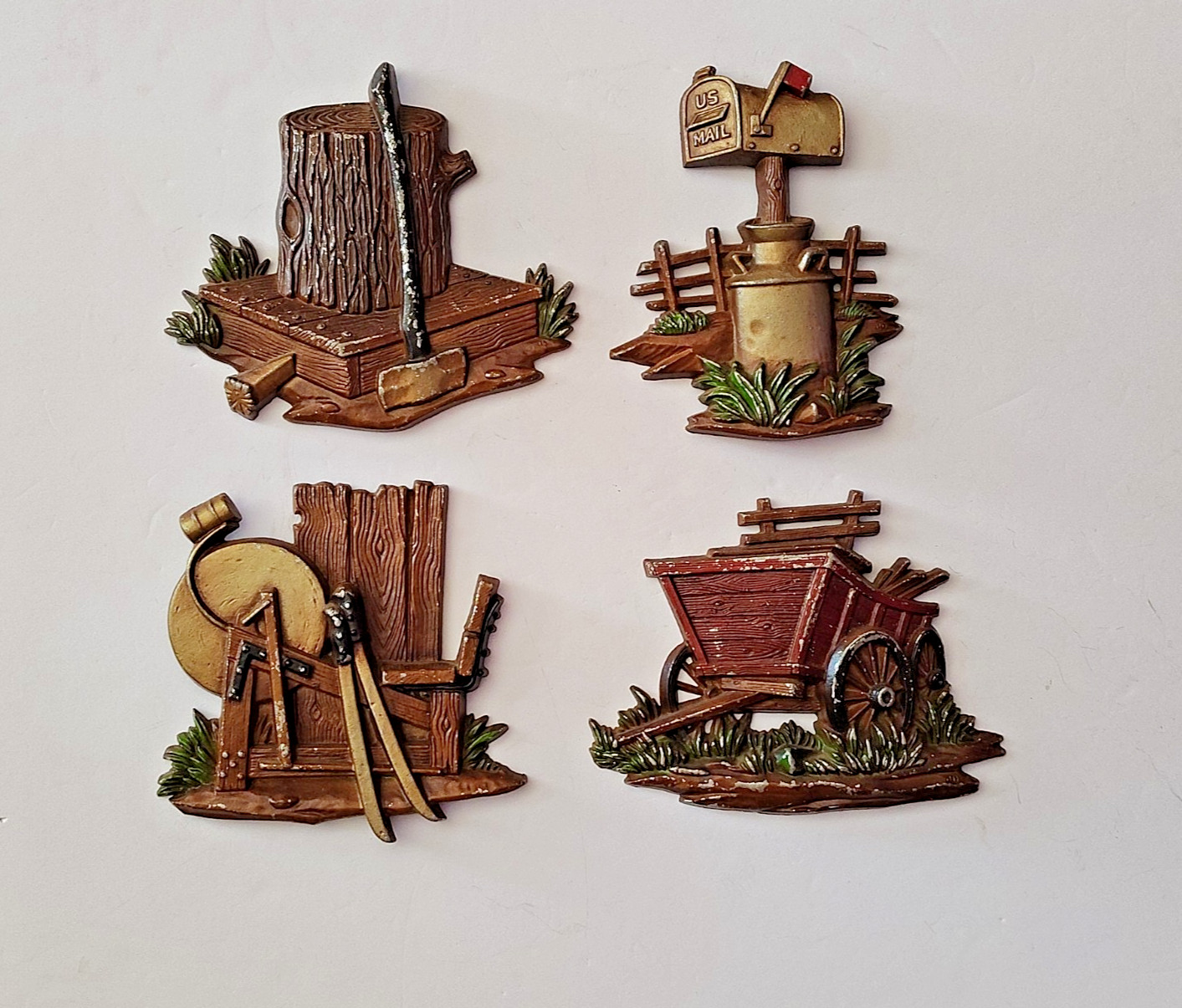 VTG Sexton 1976 Rustic Fram House Lot of 4 Cast Aluminum 3D Wall Hanging Plaques VTG Sexton 1976 Rustic Fram House Lot of 4 Cast Aluminum 3D Wall Hanging Plaques