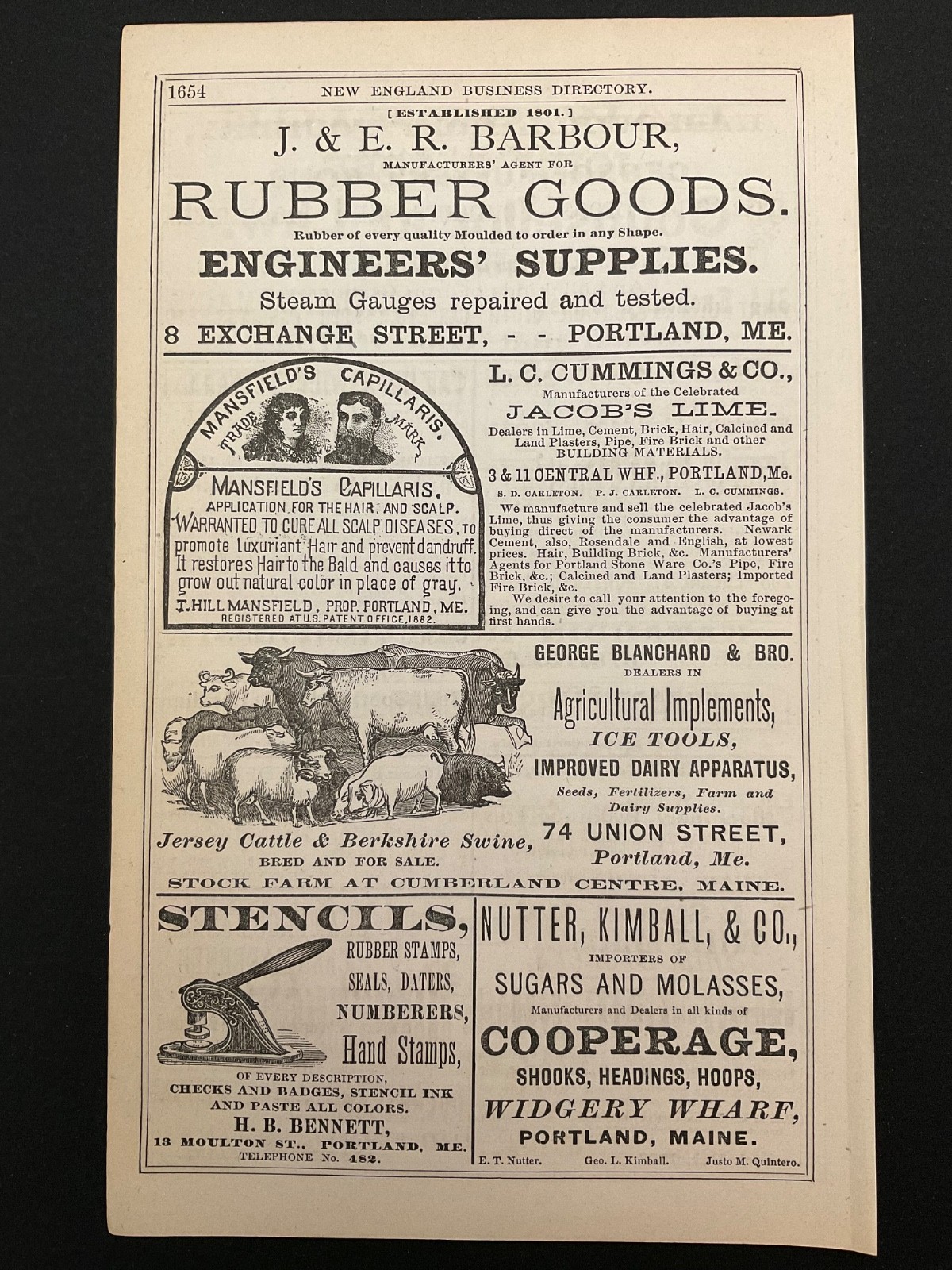 1883 Antique Ad Page Blanchard Cattle, Eagle Iron, Barbour Rubber, Portland ME