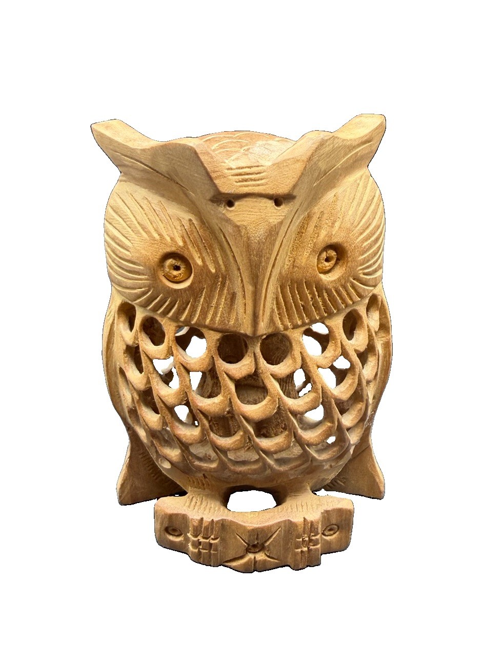 Vintage Hand Carved Wooden Owl Figurine With Baby Owl Inside 4.5” Folk Art
