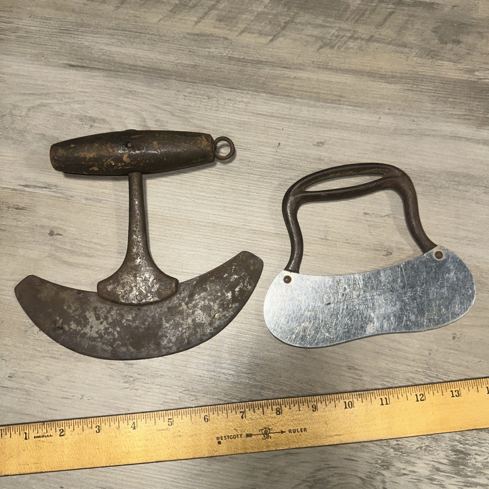 2 Antique Knife Food Choppers Wood & Metal