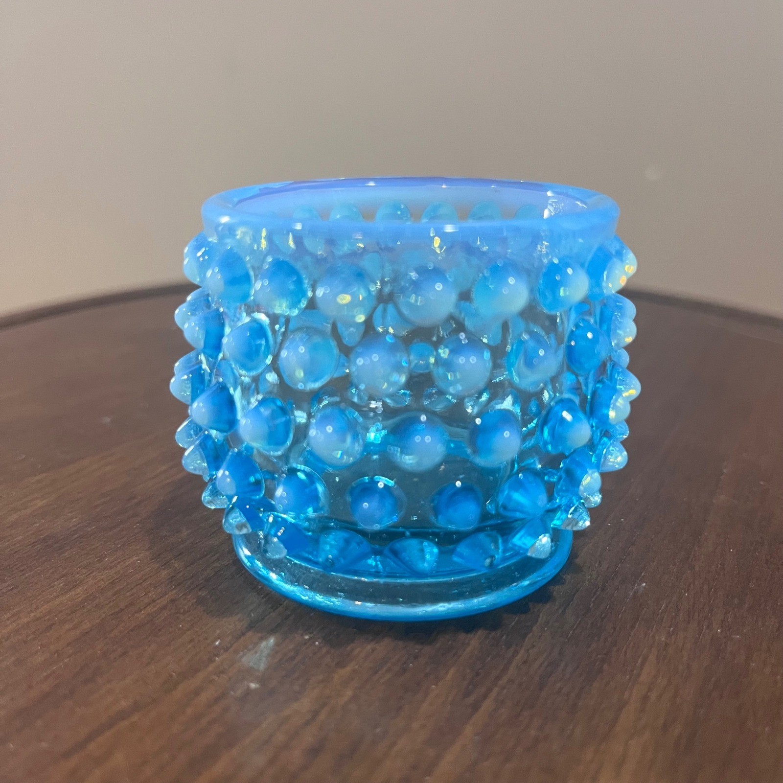 Vtg Fenton Blue Opalescent Hobnail Glass Toothpick Holder MCM Votive Cup