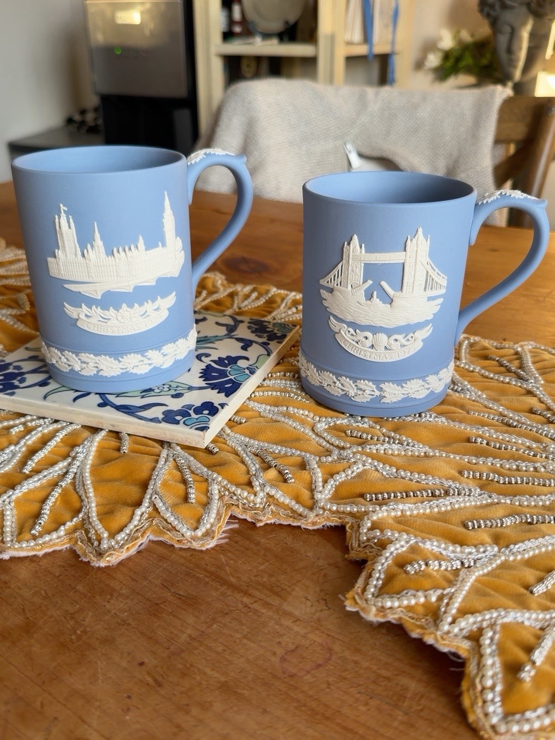 Wedgwood Blue Jasperware Christmas Mugs 1975 Tower Bridge & 1974 Parliament Wedgwood Blue Jasperware Christmas Mugs 1975 Tower Bridge & 1974 Parliament
