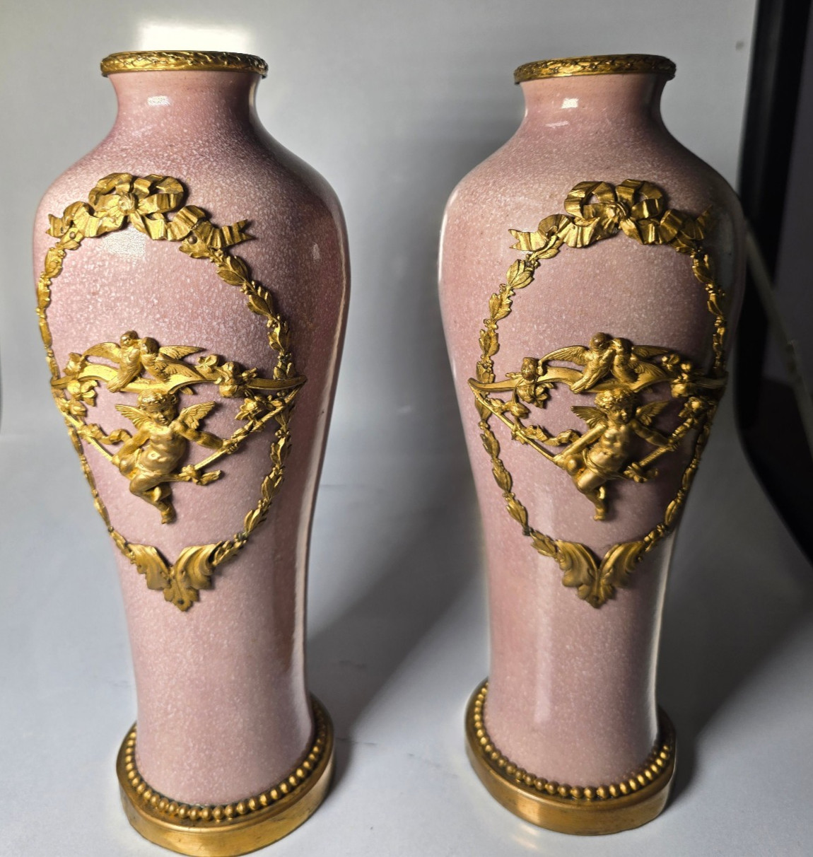 Rare Pair of Paul Milet MP Sèvres Pink Porcelain & Ormolu Cherub Vases Rare Pair of Paul Milet MP Sèvres Pink Porcelain & Ormolu Cherub Vases