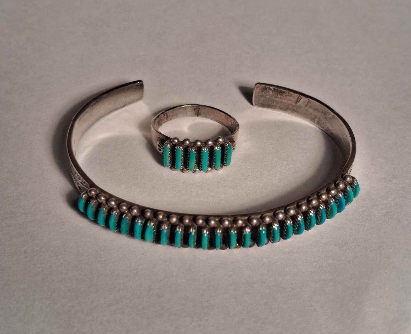 Vintage Zuni Turquoise Needlepoint Silver Cuff Bracelet Matching Ring Hallmarks Vintage Zuni Turquoise Needlepoint Silver Cuff Bracelet Matching Ring Hallmarks