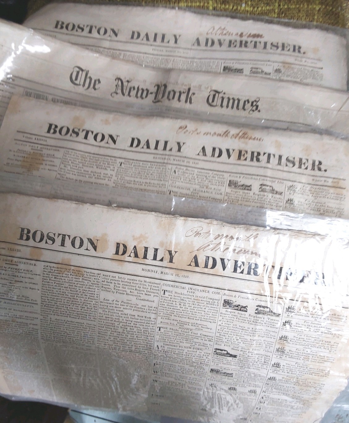 3 Boston Daily Newspaper Yr. 1827. And 1 New York Times. Yrs 1865 3 Boston Daily Newspaper Yr. 1827. And 1 New York Times. Yrs 1865