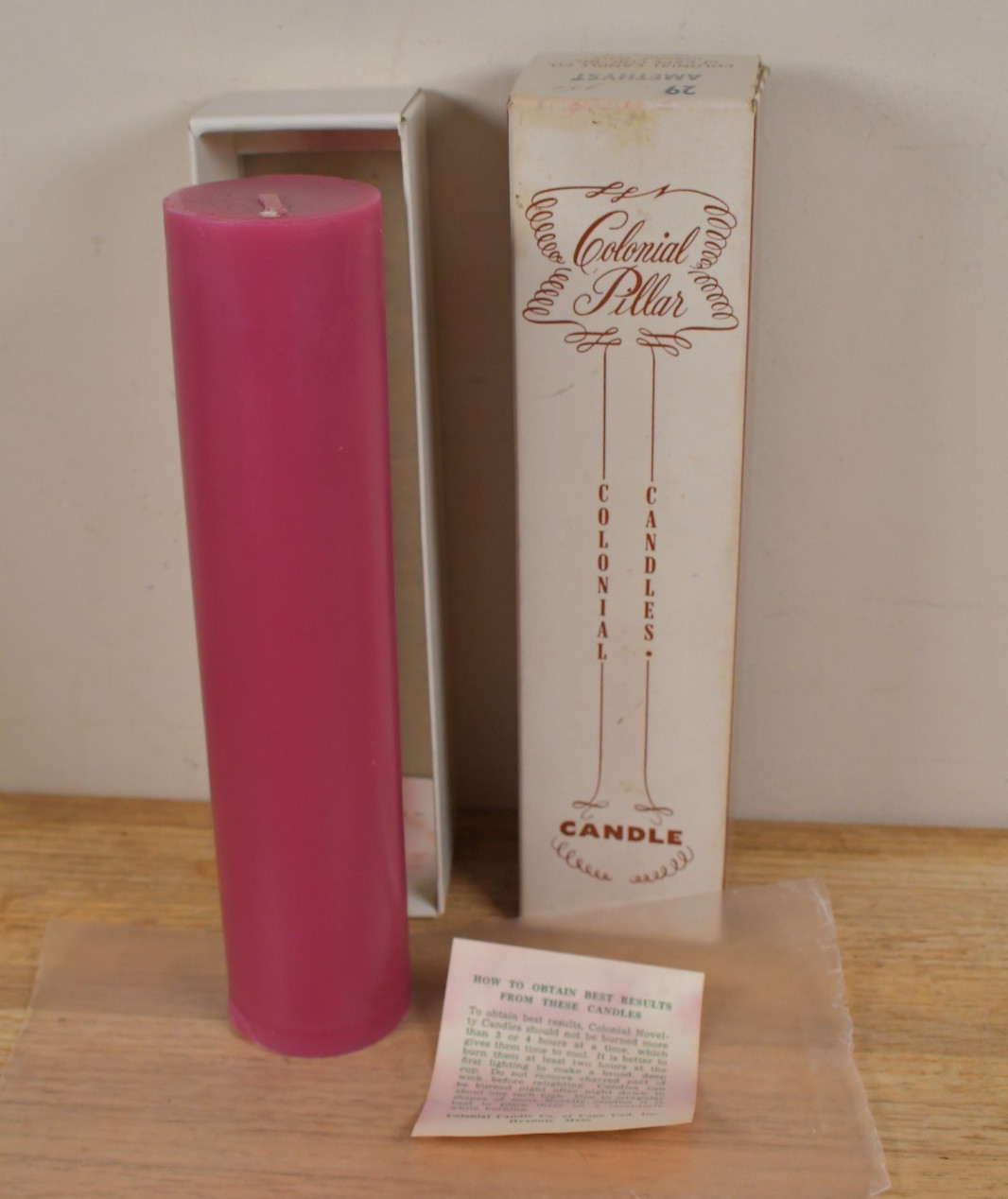 RARE Vtg Colonial Candle Co of Cape Cod Inc Amethyst Pillar Candle 9in-H 2in-D