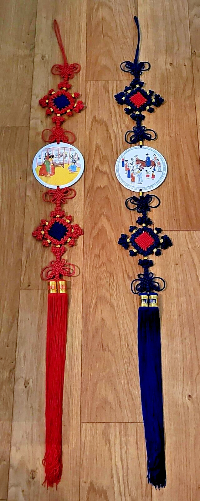 Vintage Korean Wall Art Decor Pair Silk Knot Norigae Maedeup Tassels Folk Figure
