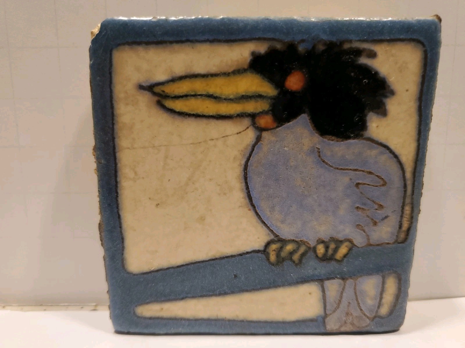 Vintage Terrifying Kookaburra Bird 2-7/8 inch square salvaged Tile