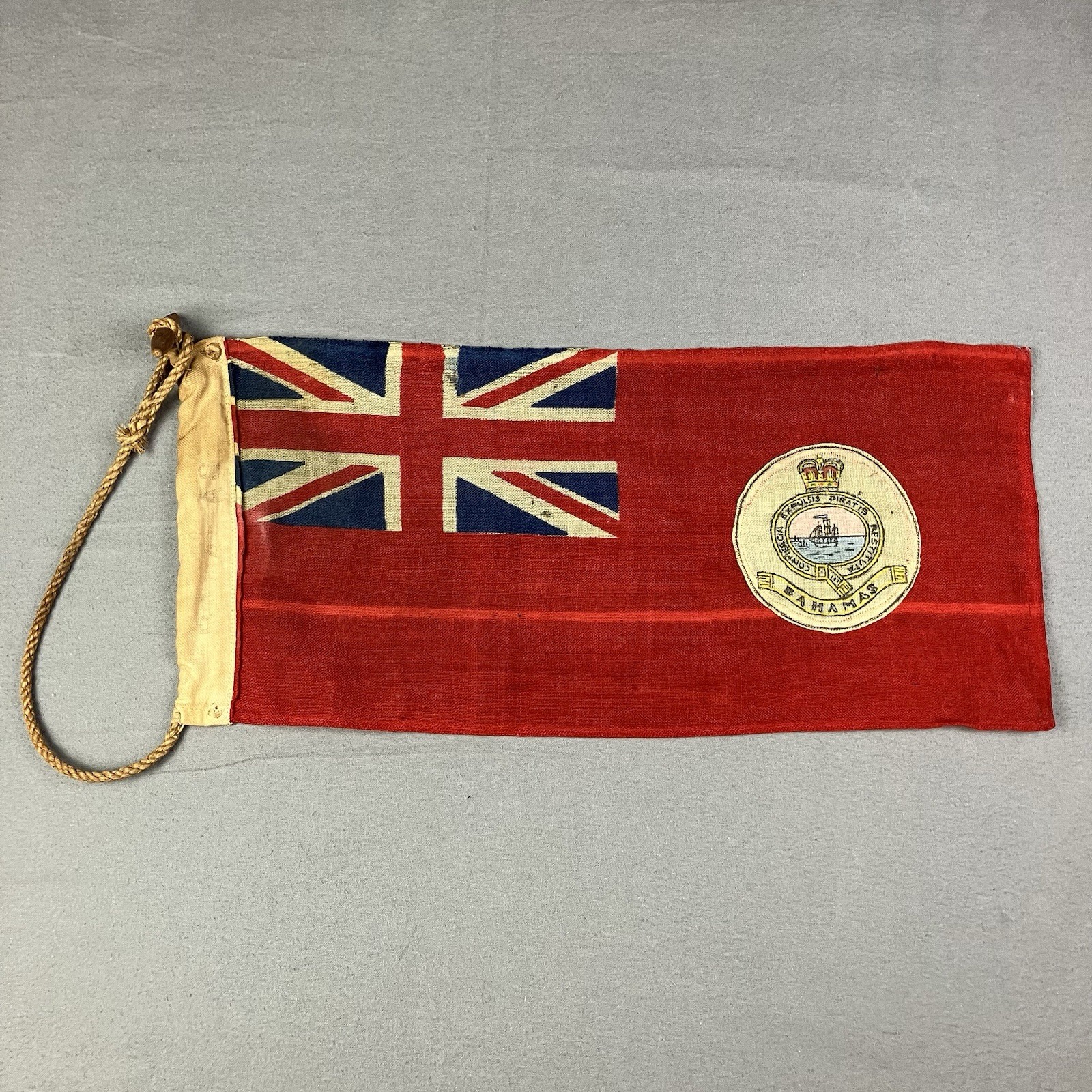 Vintage British Bahamas Ensing Flag Red Nautical With Rope & Toggle 18.5x8.5”