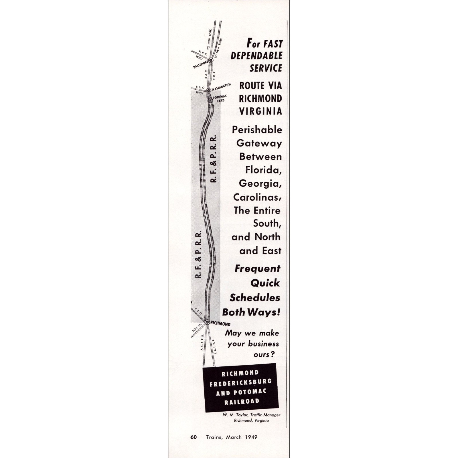 1949 Richmond Fredericksburg and Potomac Railroad Original Vintage Print Ad 1949 Richmond Fredericksburg and Potomac Railroad Original Vintage Print Ad