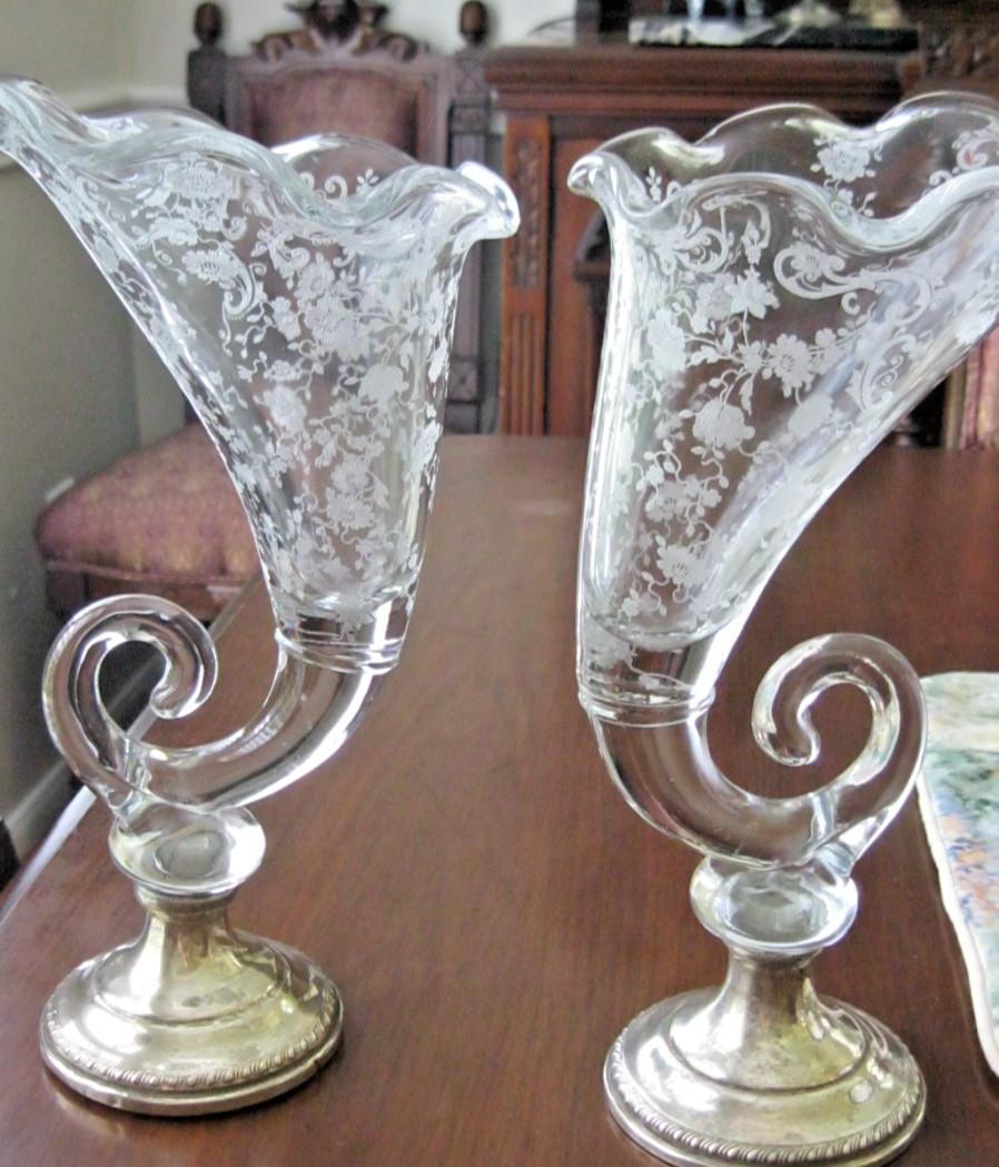 Vtg Antique Cambridge Chantilly Pair Cornucopia Vases Sterling base Vtg Antique Cambridge Chantilly Pair Cornucopia Vases Sterling base