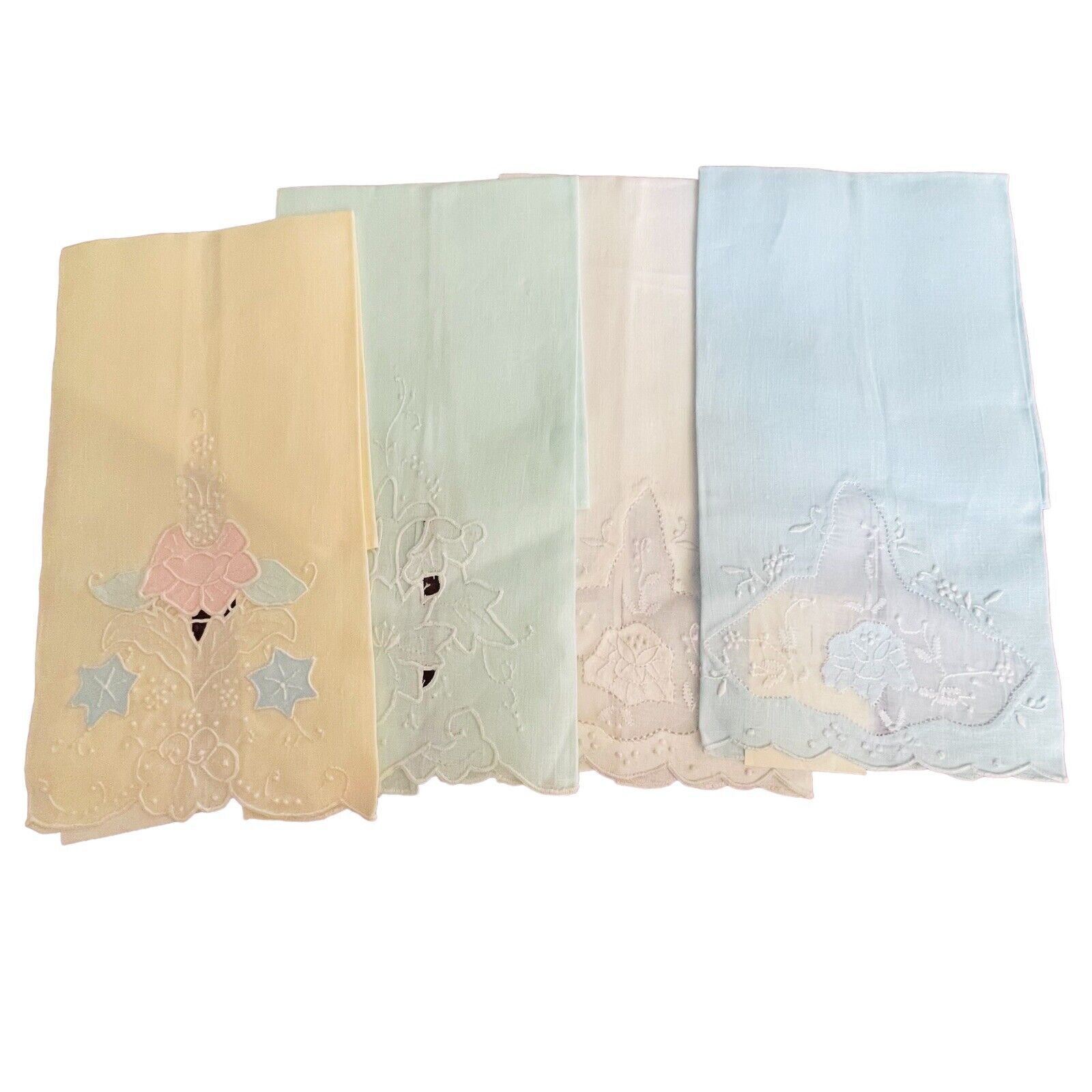 4 Vintage Cotton Organza Linen Napkins Floral Embroidered Portugal Pastel 12x18\