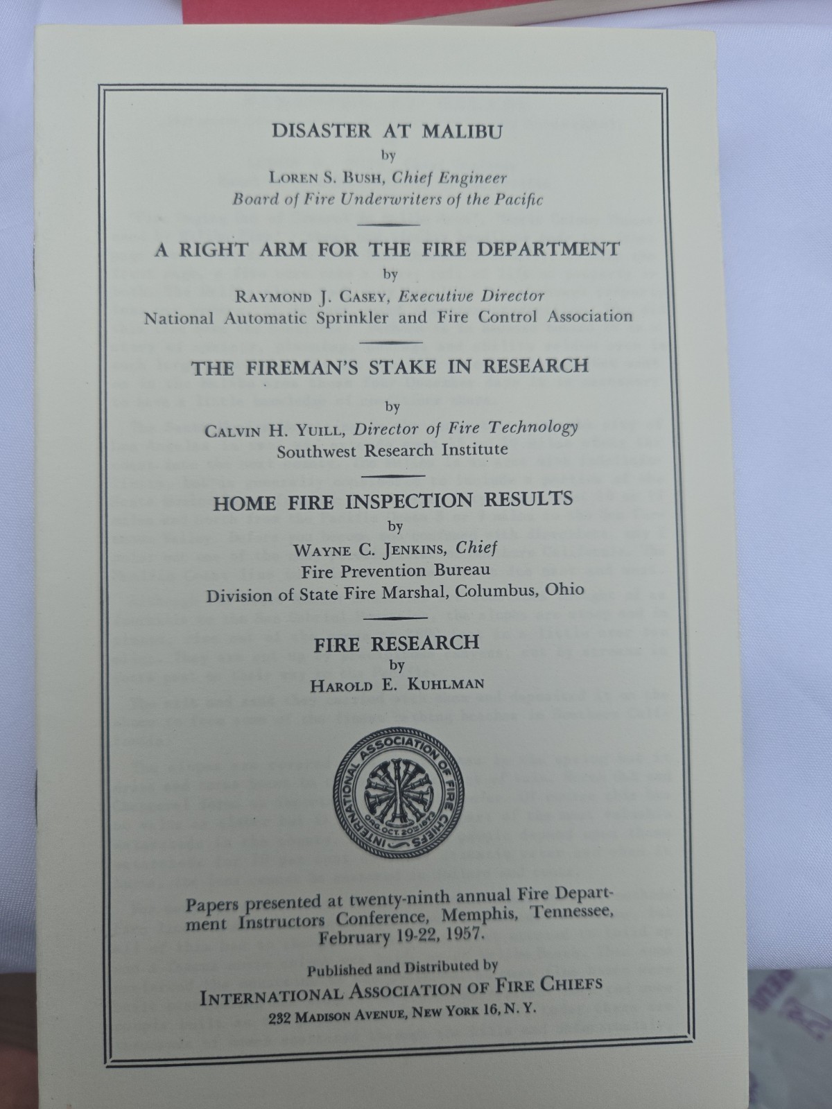 1957 IAFC Fire Department Instructors Conference Papers Disaster At Malibu Fire