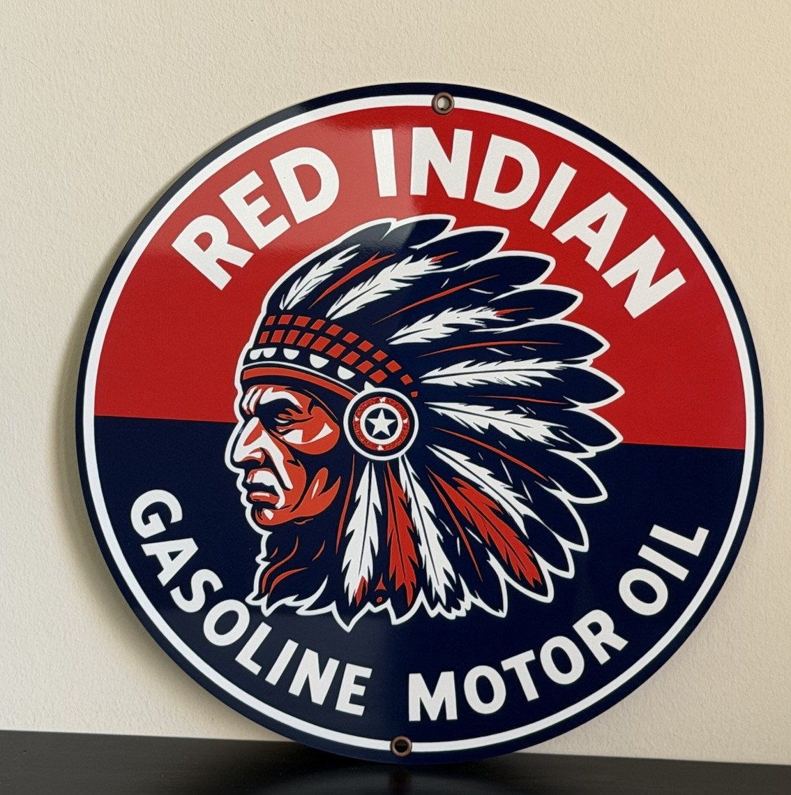Retro Red Indian Gasoline Motor Oil Premium Quality Round Garage Sign Retro Red Indian Gasoline Motor Oil Premium Quality Round Garage Sign