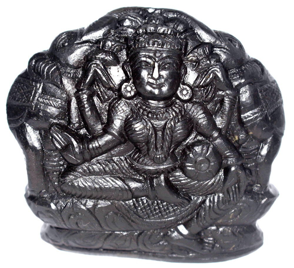 Gaja Lakshmi Idol / Laxmi Murti On Natural Golden Sudarshan Shaligram - Nepal