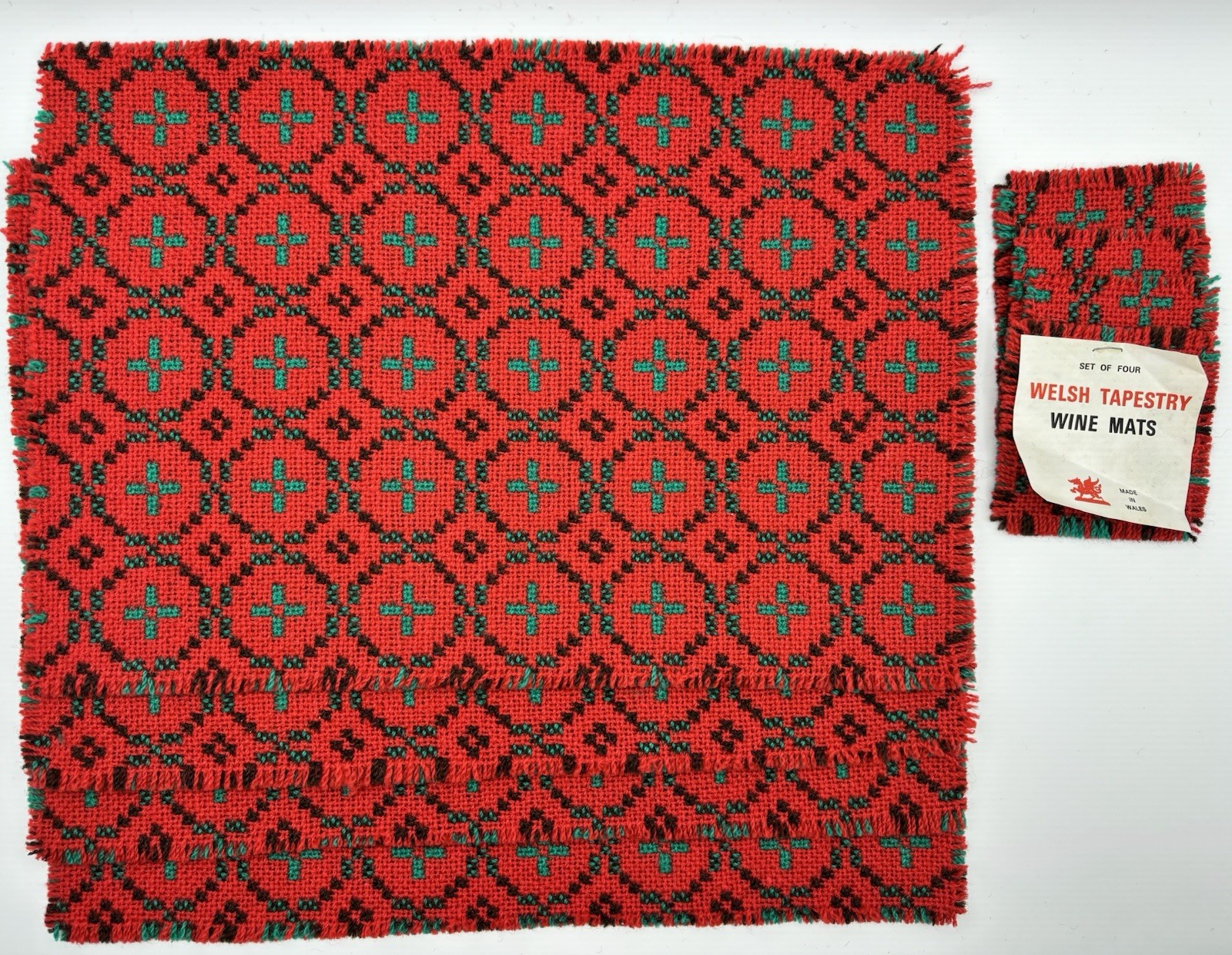 VTG Welsh Tapestry Wool Placemats + Wine Coasters 8 “Welsh Blanket” Pattern
