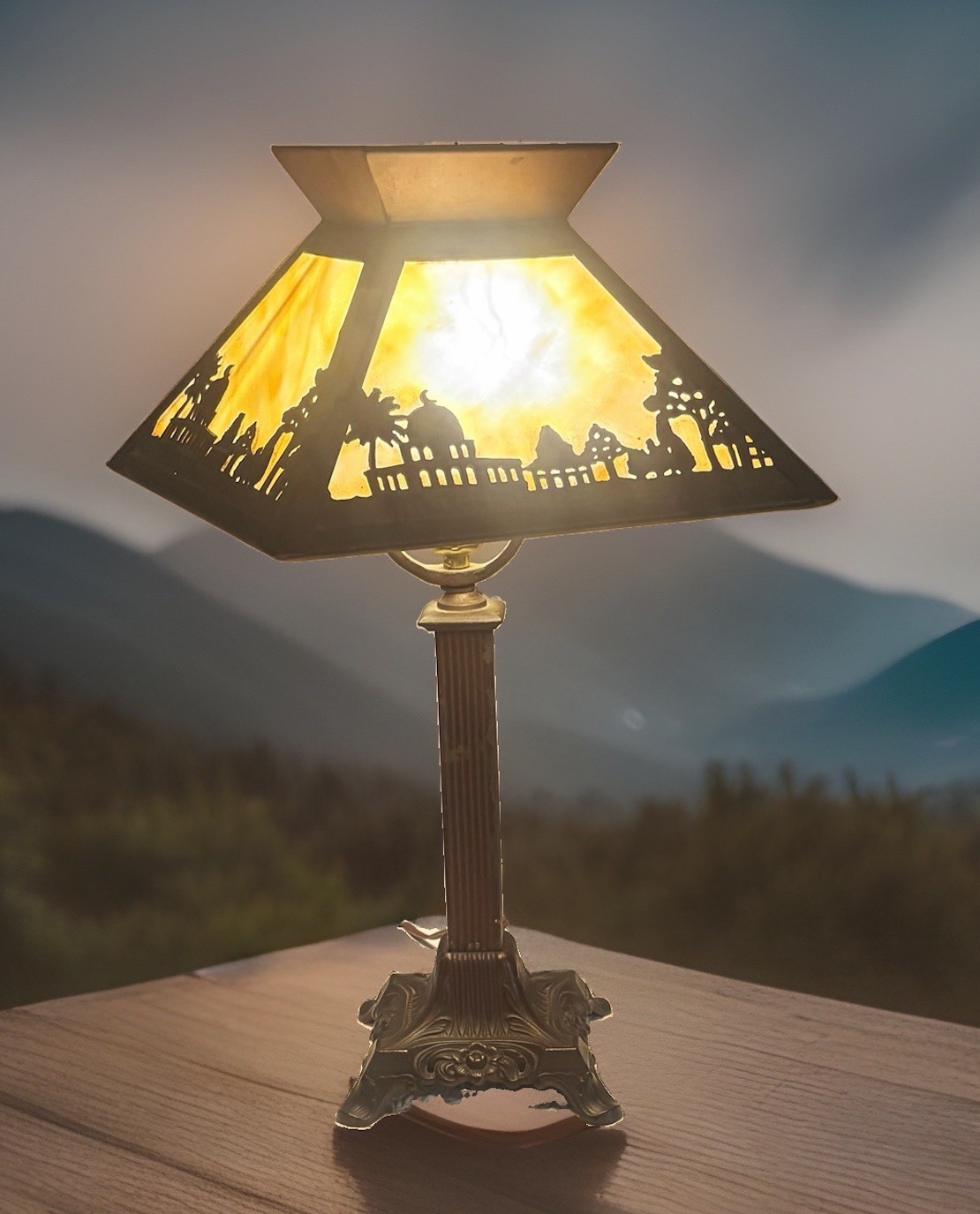 Art Nouveau Slag Glass Lamp With Scenic Overlay