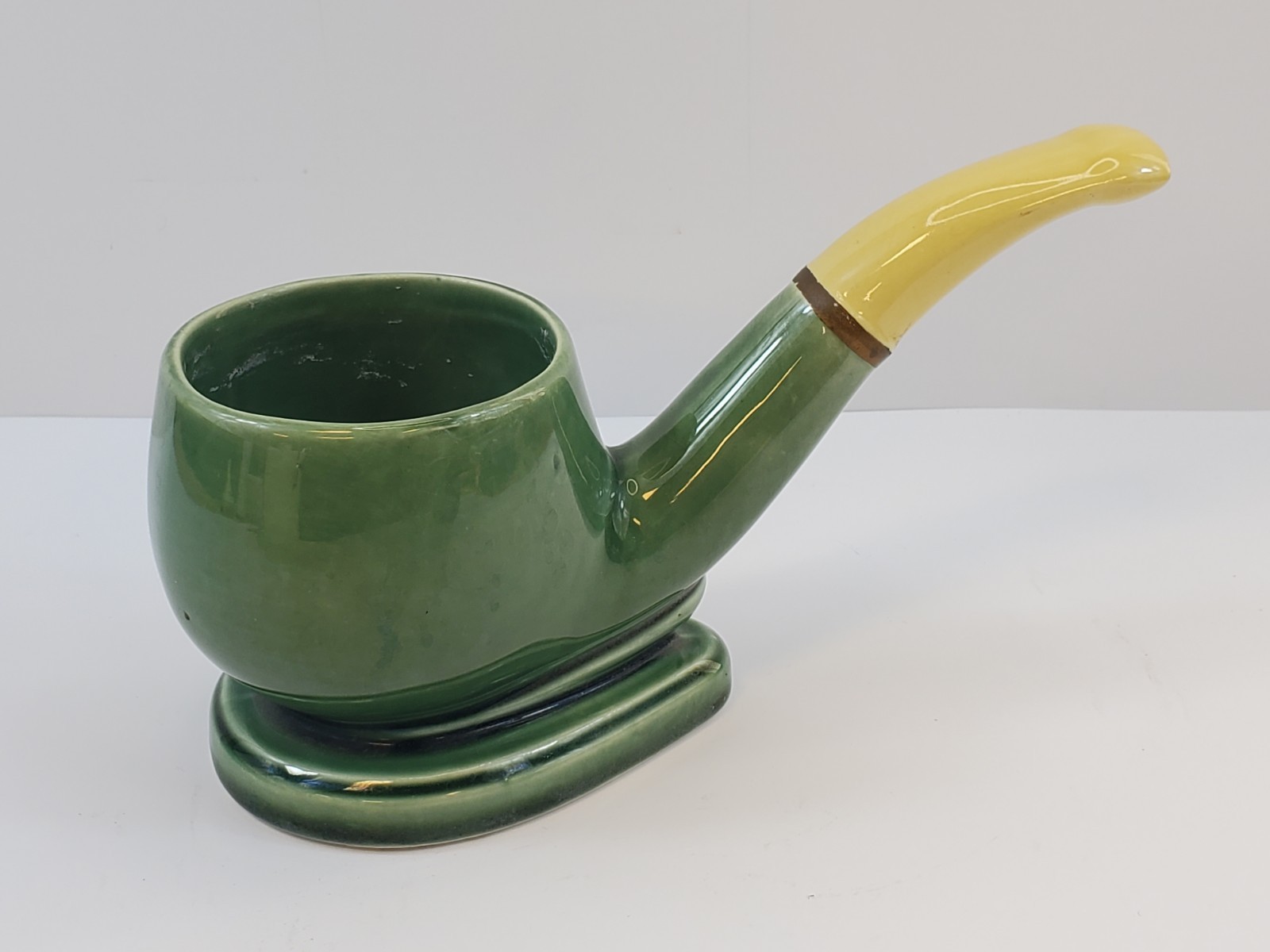 Vintage MCM Green Ceramic Smoking Pipe Planter Ashtray Trinket Dish Kitsch Retro