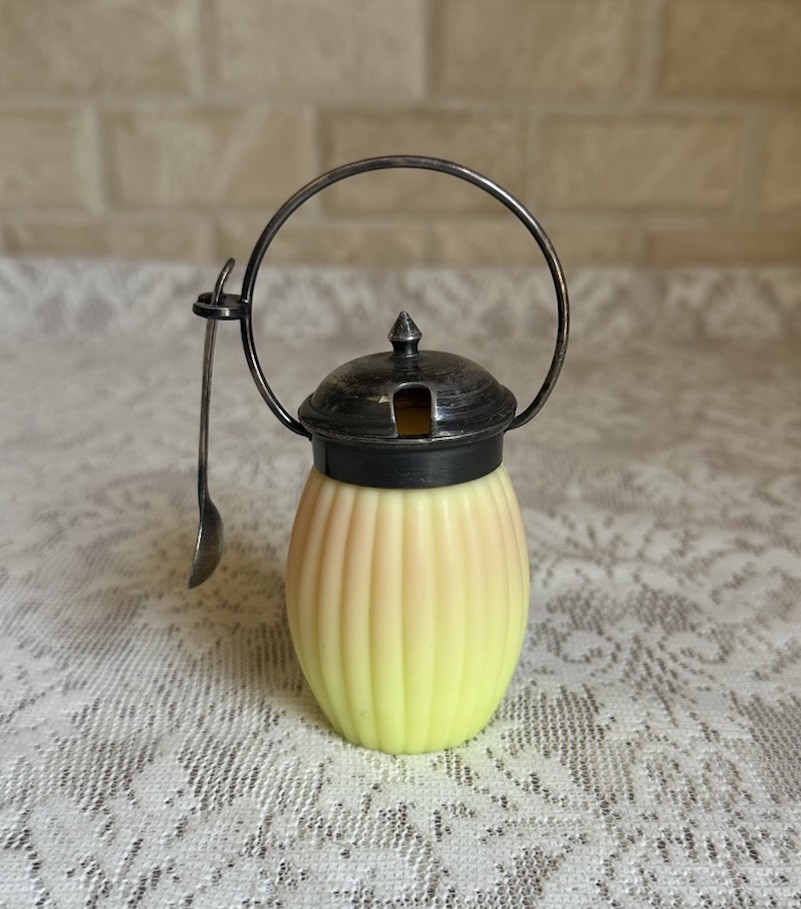 Antique Mt Washington Burmese Glass Mustard Pot Original Spoon Silverplate
