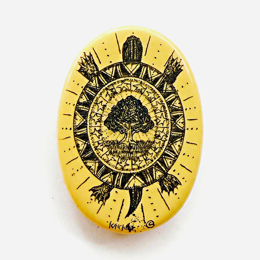Vintage Faux Scrimshaw Turtle Brooch Pin Tree of Life Signed © Faux Ivory 1.26\
