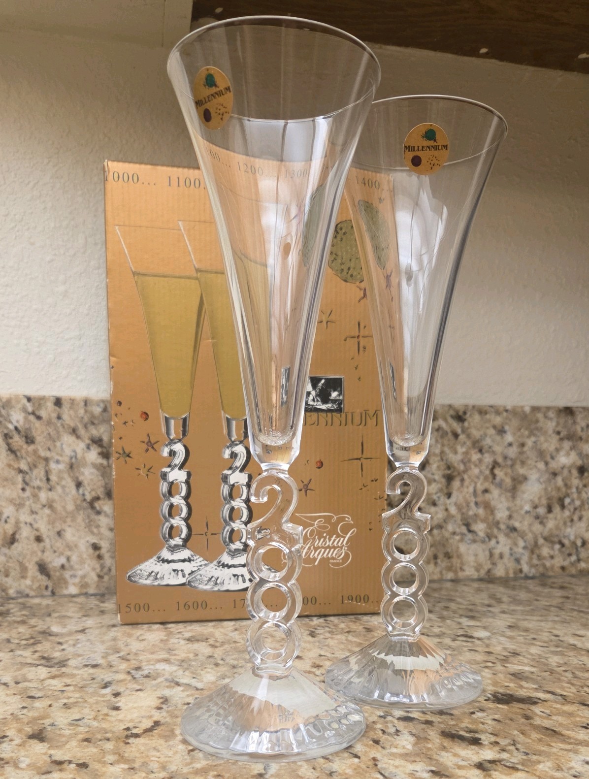 Cristal d\'Arques Millennium 2000 Commemorative Champagne Flutes Set of 2