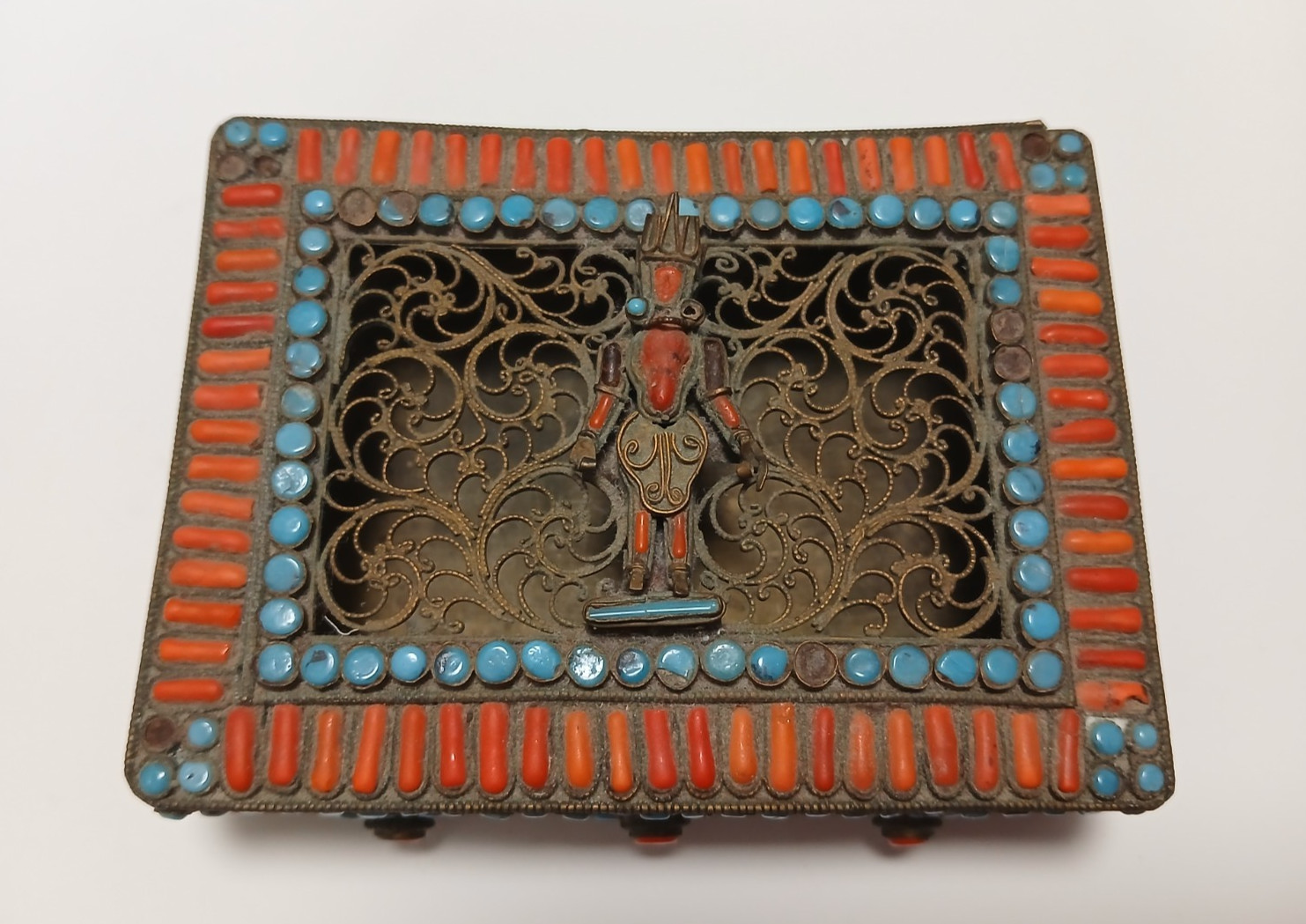 Tibetan Nepal Brass Trinket Jewelry Box with Turquoise and Coral Stones