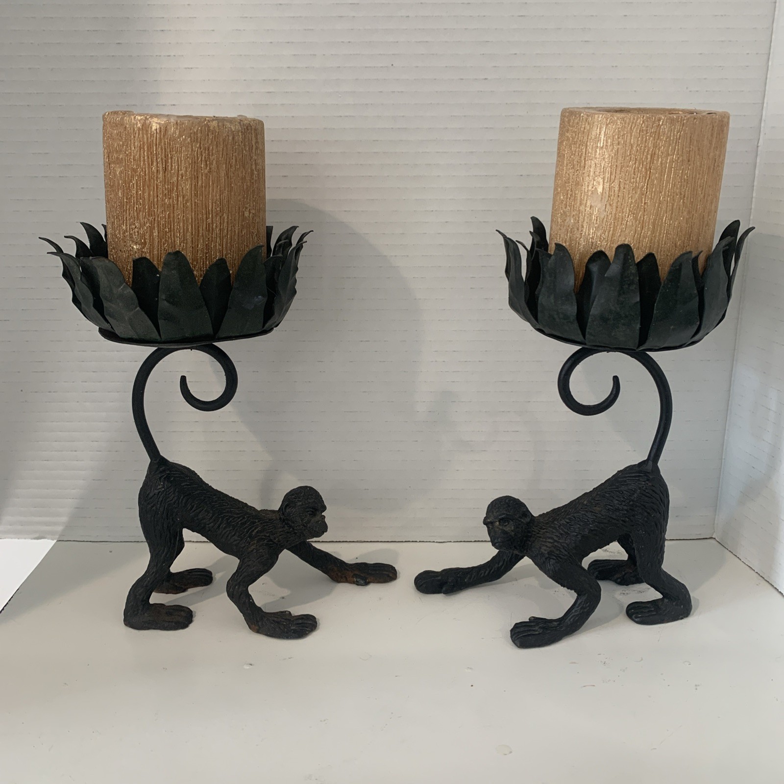 Vintage Cast Iron Monkey Pillar Candle Holders Pair Vintage Cast Iron Monkey Pillar Candle Holders Pair
