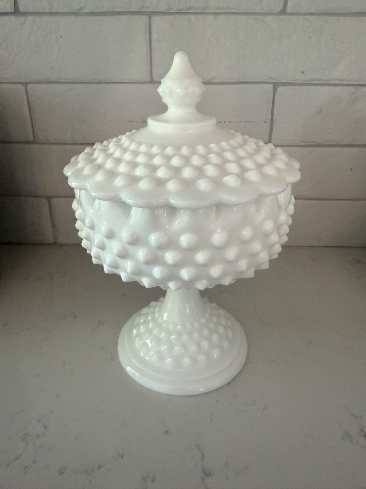 Fenton Milk Glass Hobnail Covered Candy Dish Pedestal White Oval Mark