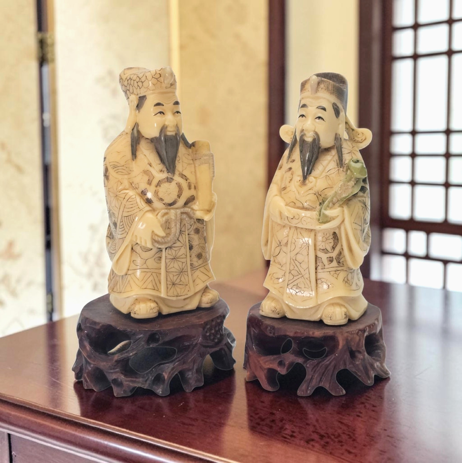 VTG Chinese Finely Carved Resin Scholar Deity Figures Pair Wood Stands 3.25\