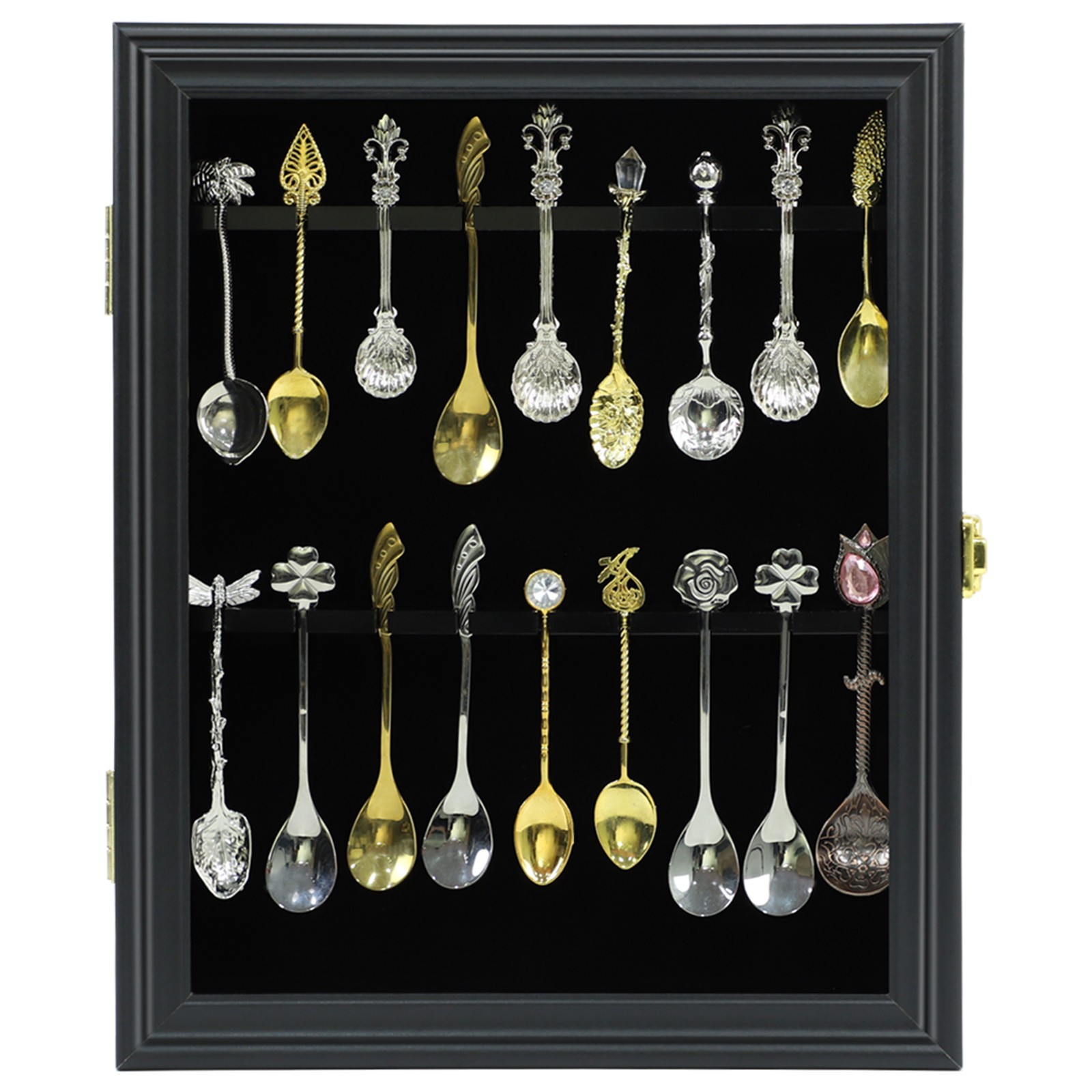 18 Spoon Display Case Wall Mount Wood Rack Lockable UV Acrylic Door Black