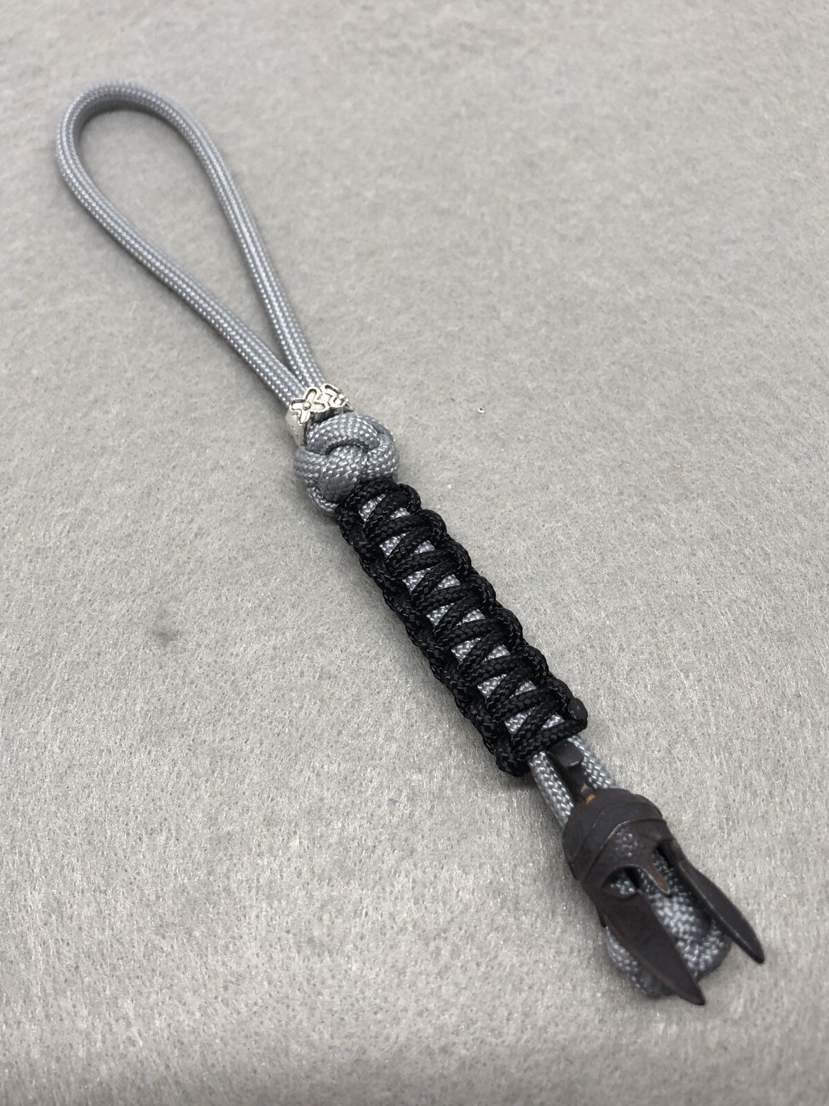 550 Paracord Knife Lanyard Gray With Oxidized Brass Spartan Helmet Bead