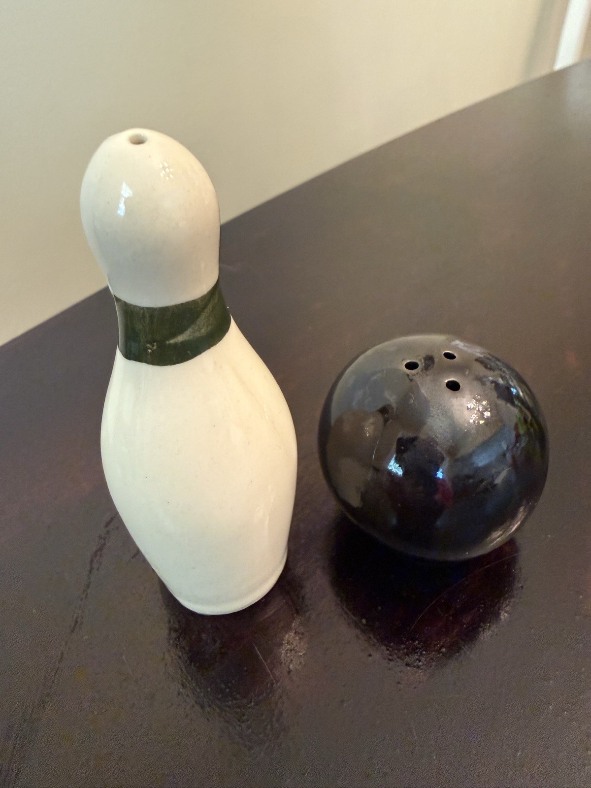 Vintage Bowling Pin and Bowling Ball Salt and Pepper Shakers, Novelty MCM Used