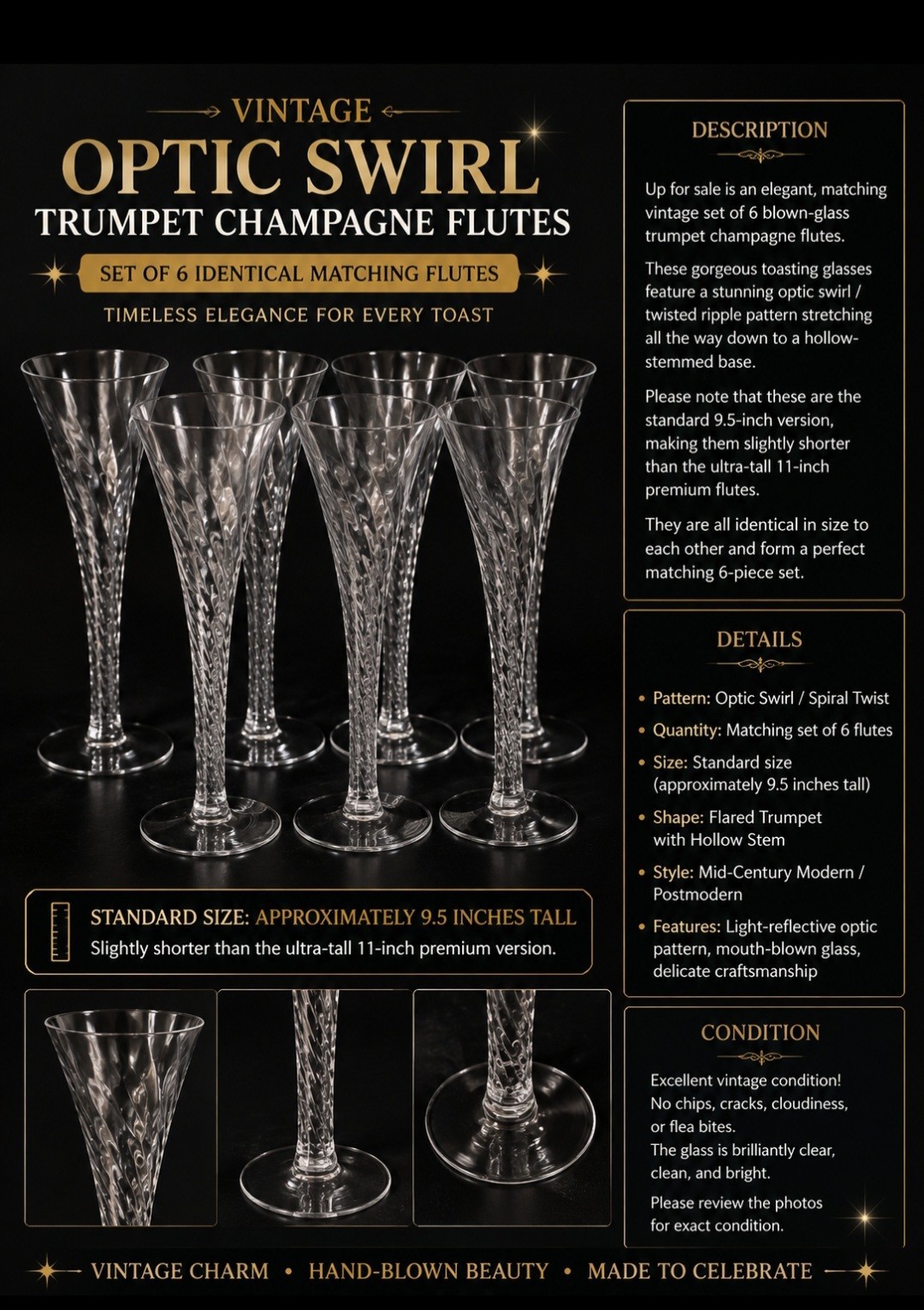 Vintage Optic Swirl Hollow Stem Trumpet Champagne Flutes Glasses Set of 6 - 9.5\