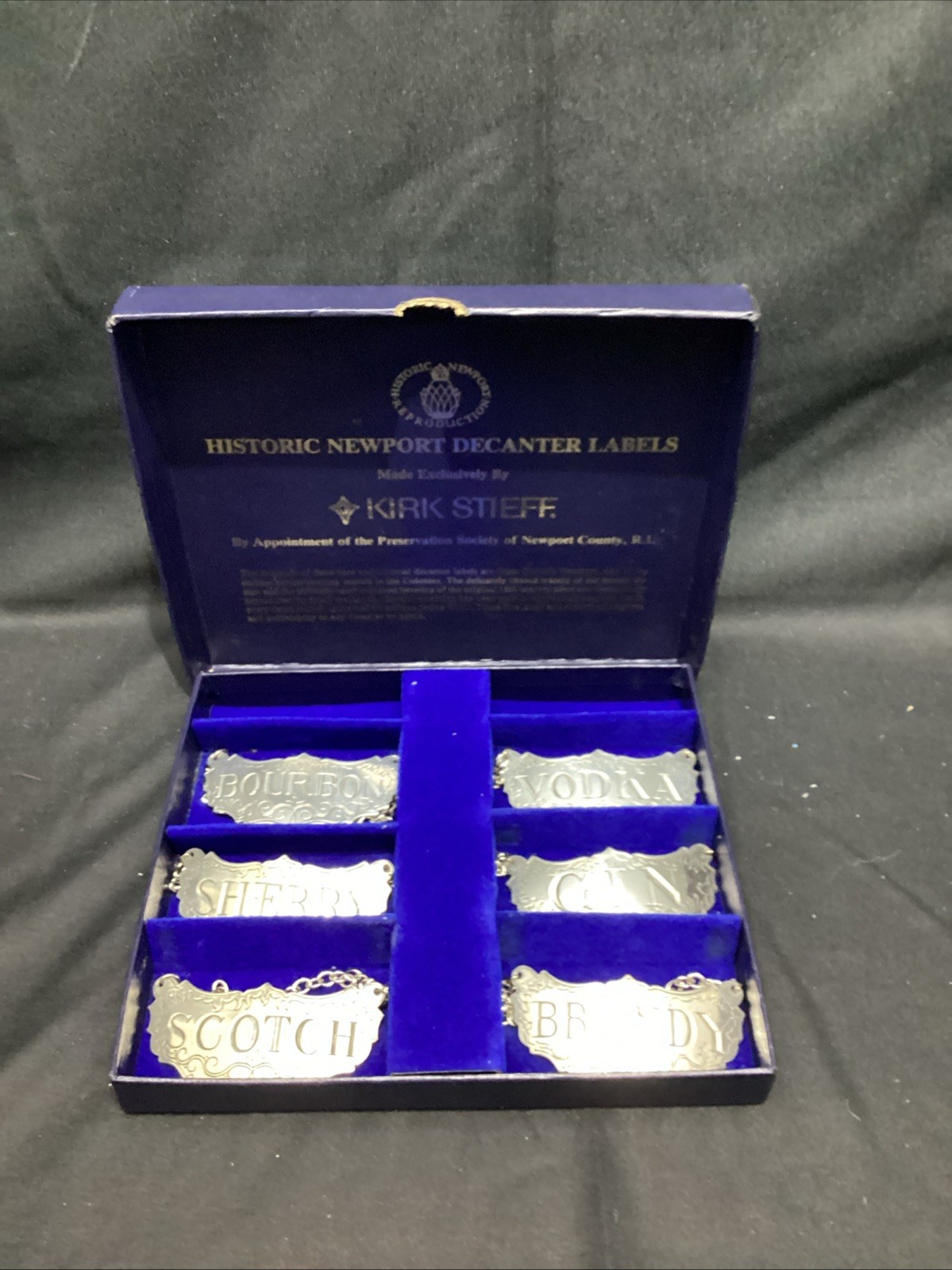 Kirk Stieff Pewter HISTORIC NEWPORT DECANTER LABELS Kirk Stieff Pewter HISTORIC NEWPORT DECANTER LABELS