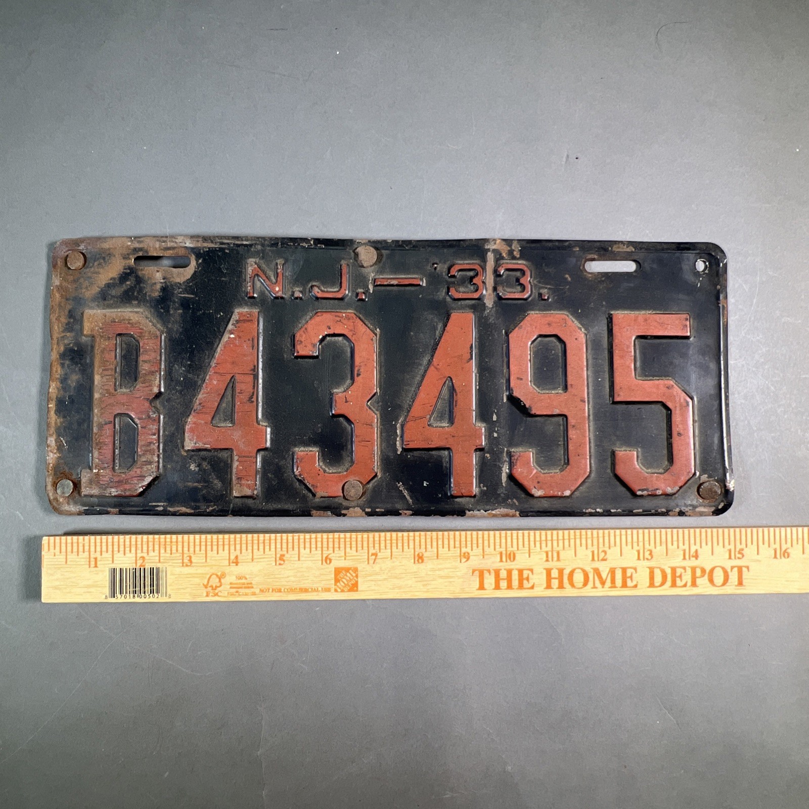 Vintage 1933 New Jersey License Plate Original Orange Black B43495 Bergen County