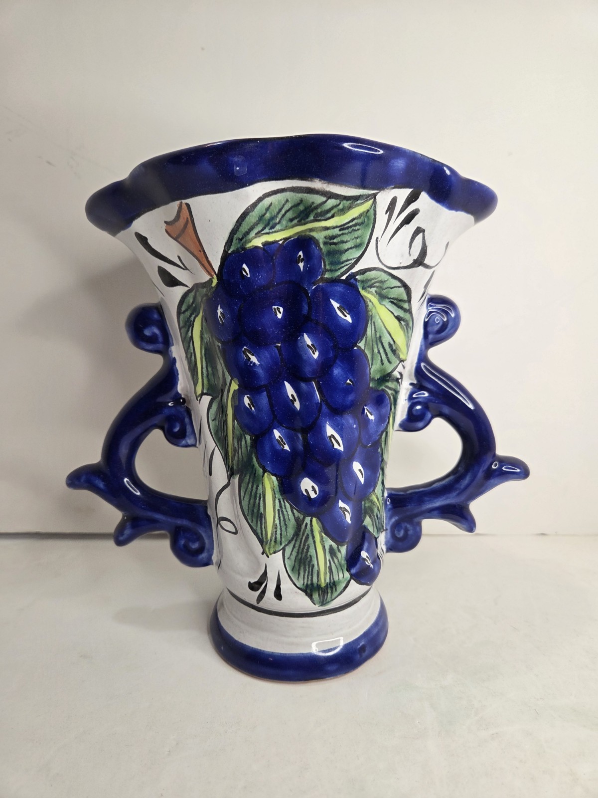 Vase Mexican Pottery Grapes Pears Terra Cotta Blue White Double Handles 8.75\