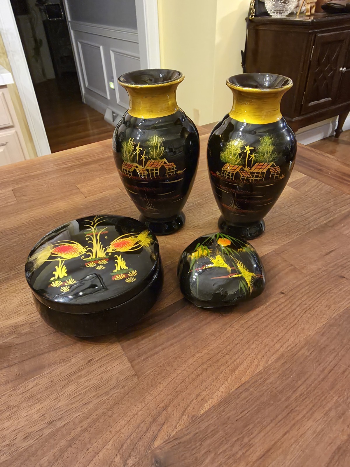 Set of MCM Vietnam Black Lacquer Wood Vases, Stone Rock and Trinket Box Set of MCM Vietnam Black Lacquer Wood Vases, Stone Rock and Trinket Box