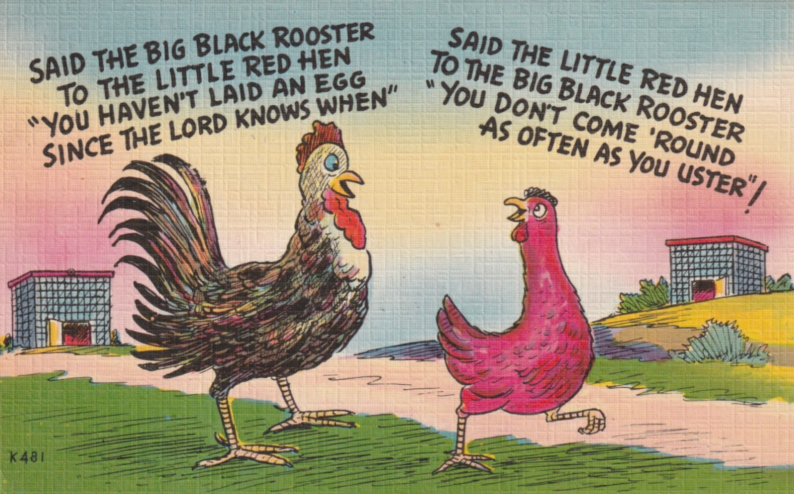 Vintage Postcard c1940s Said The Big Black Rooster Little Red Hen Linen Comic Vintage Postcard c1940s Said The Big Black Rooster Little Red Hen Linen Comic